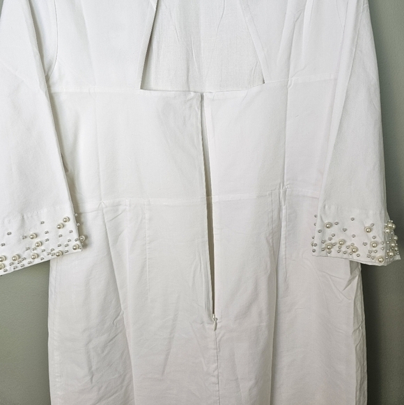 BHLDN Brynlee Mock-Neck 3/4 Sleeve Mini Dress w Pearl Accents, Ivory, LARGE - Picture 7 of 15